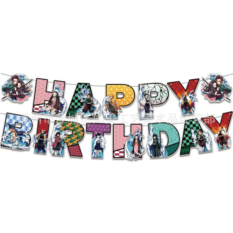 A banner decoration set spelling out BIRTHDAY featuring characters from Demon Slayer