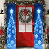 A festive red door banner decorated with a Christmas wreath and glowing blue snowflake lights surrounded by evergreen garland