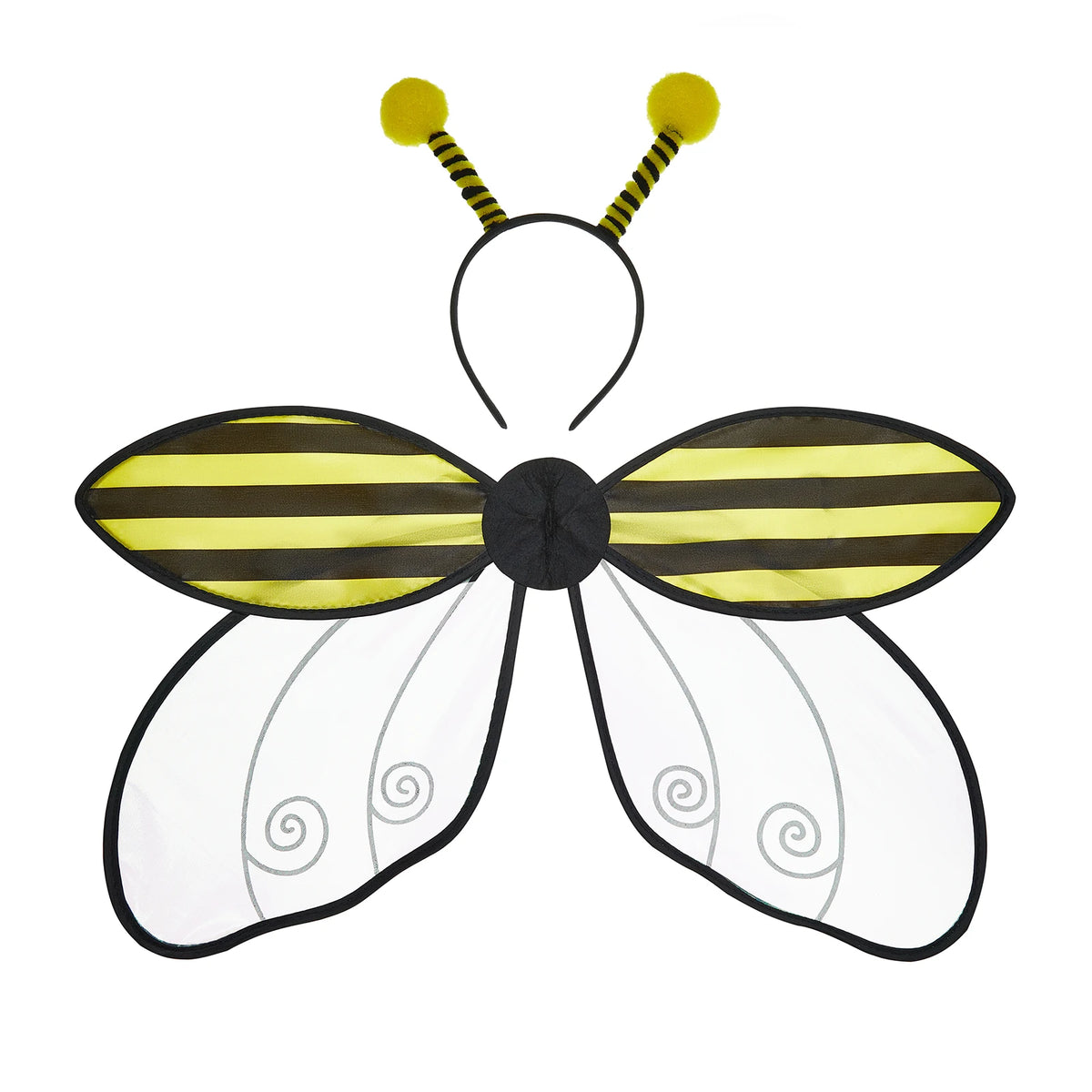 A yellow and black insect wing and headband costume set with antennae.