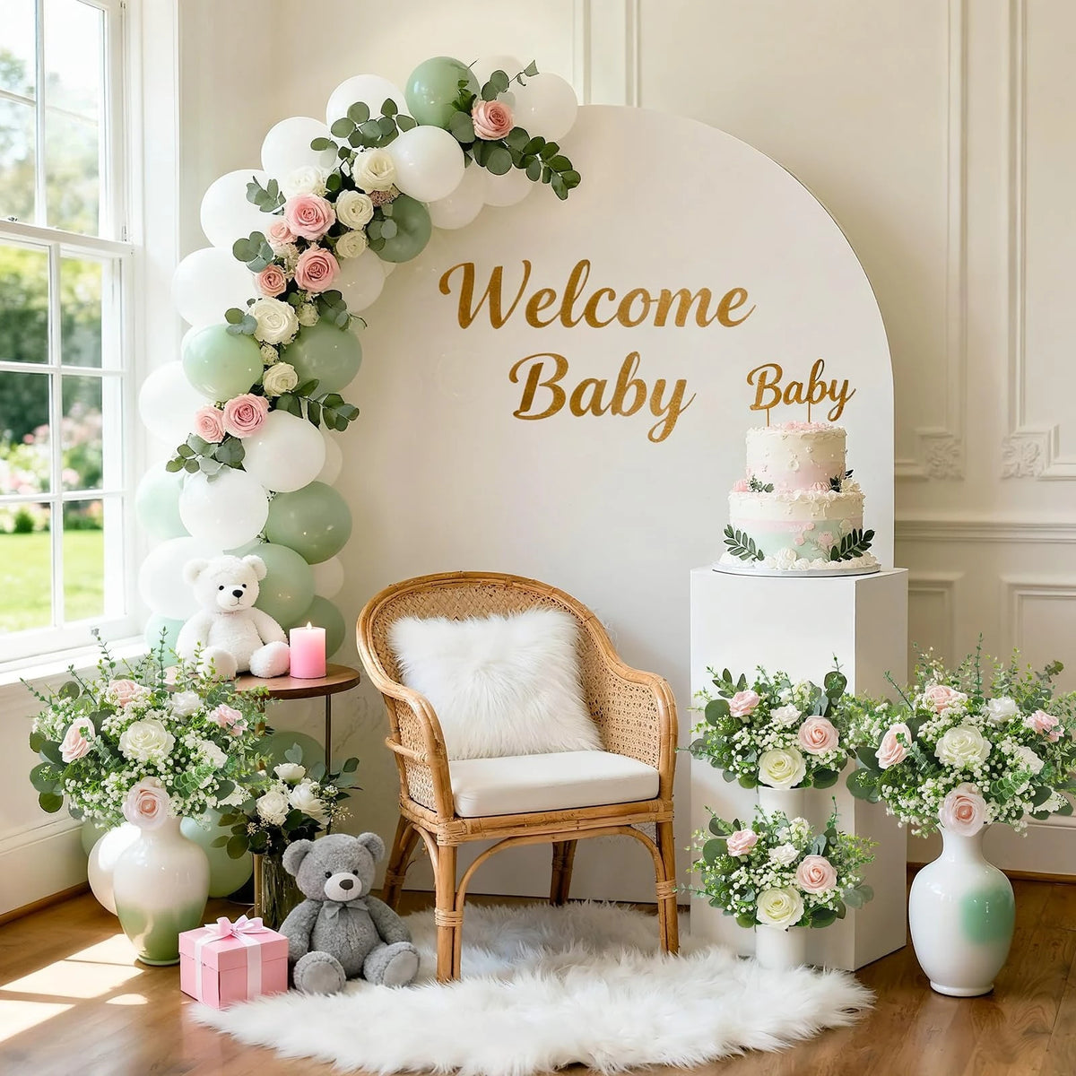 Exhibición decorativa con globos blancos y verdes, una silla de madera y arreglos florales para un tema de bienvenida de bebé