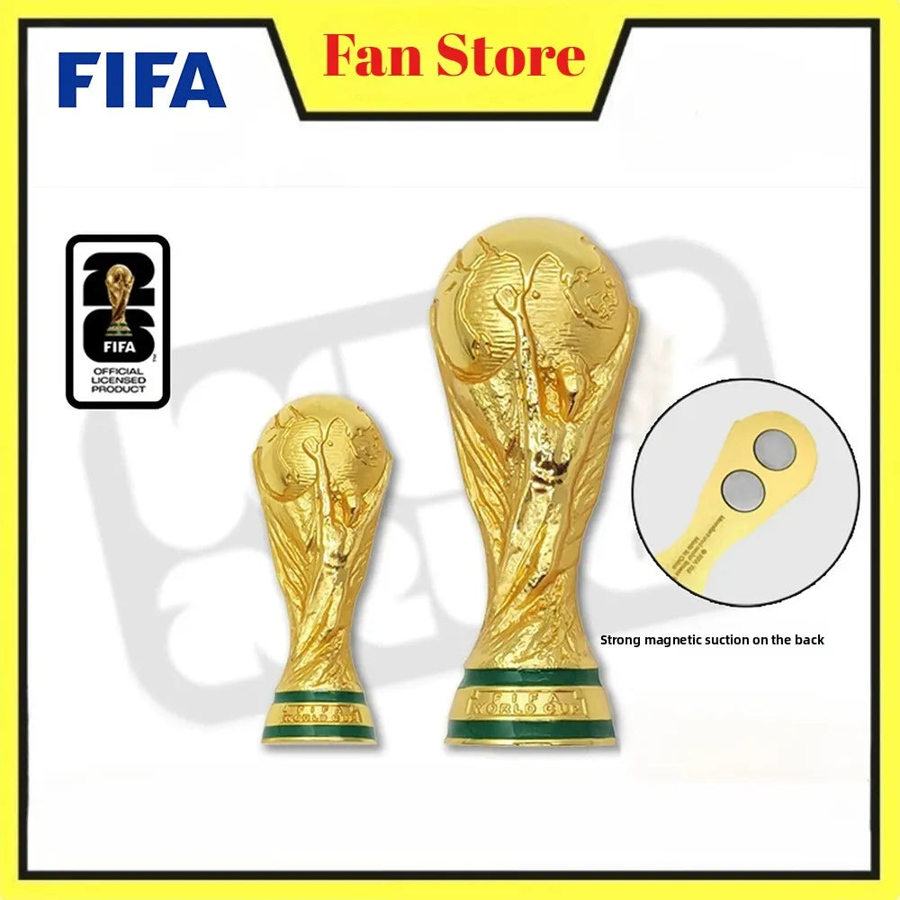 A gold FIFA 2026 World Cup trophy fridge magnet shown next to its packaging and a close-up of the magnetic suction part.