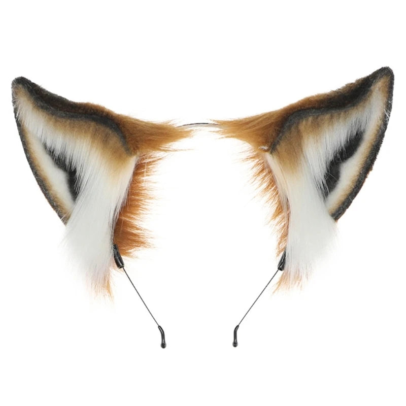 A pair of realistic fox ears headband with brown, white, and black fur.
