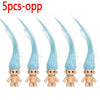 Five blue hair extensions with small troll doll heads