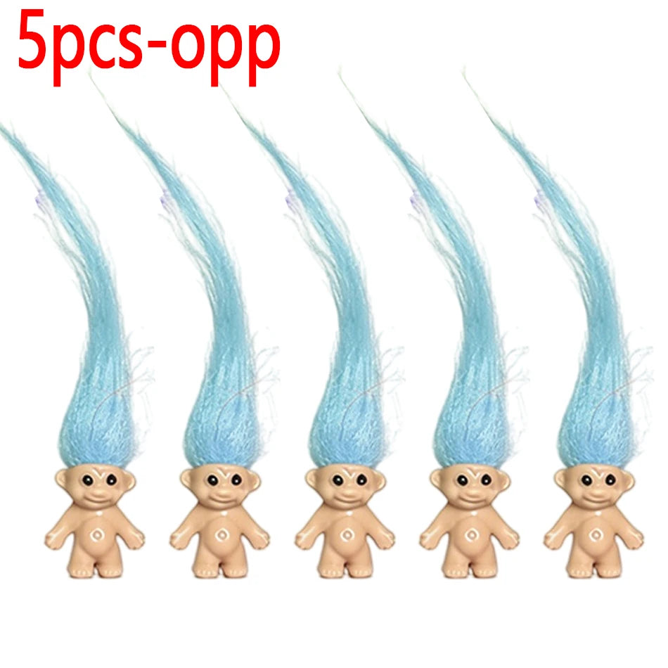 Five blue hair extensions with small troll doll heads