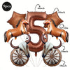 A set of foil balloons shaped like the number 5 and horses, featuring various sizes including 40 inch and 18 inch elements.