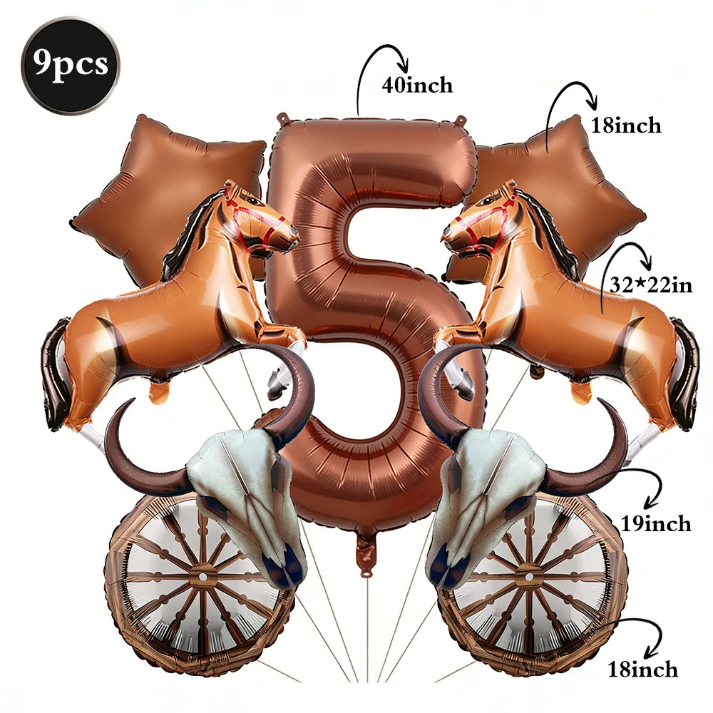 A set of foil balloons shaped like the number 5 and horses, featuring various sizes including 40 inch and 18 inch elements.