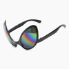 A pair of black sunglasses with a gradient green and purple lens and black frame.
