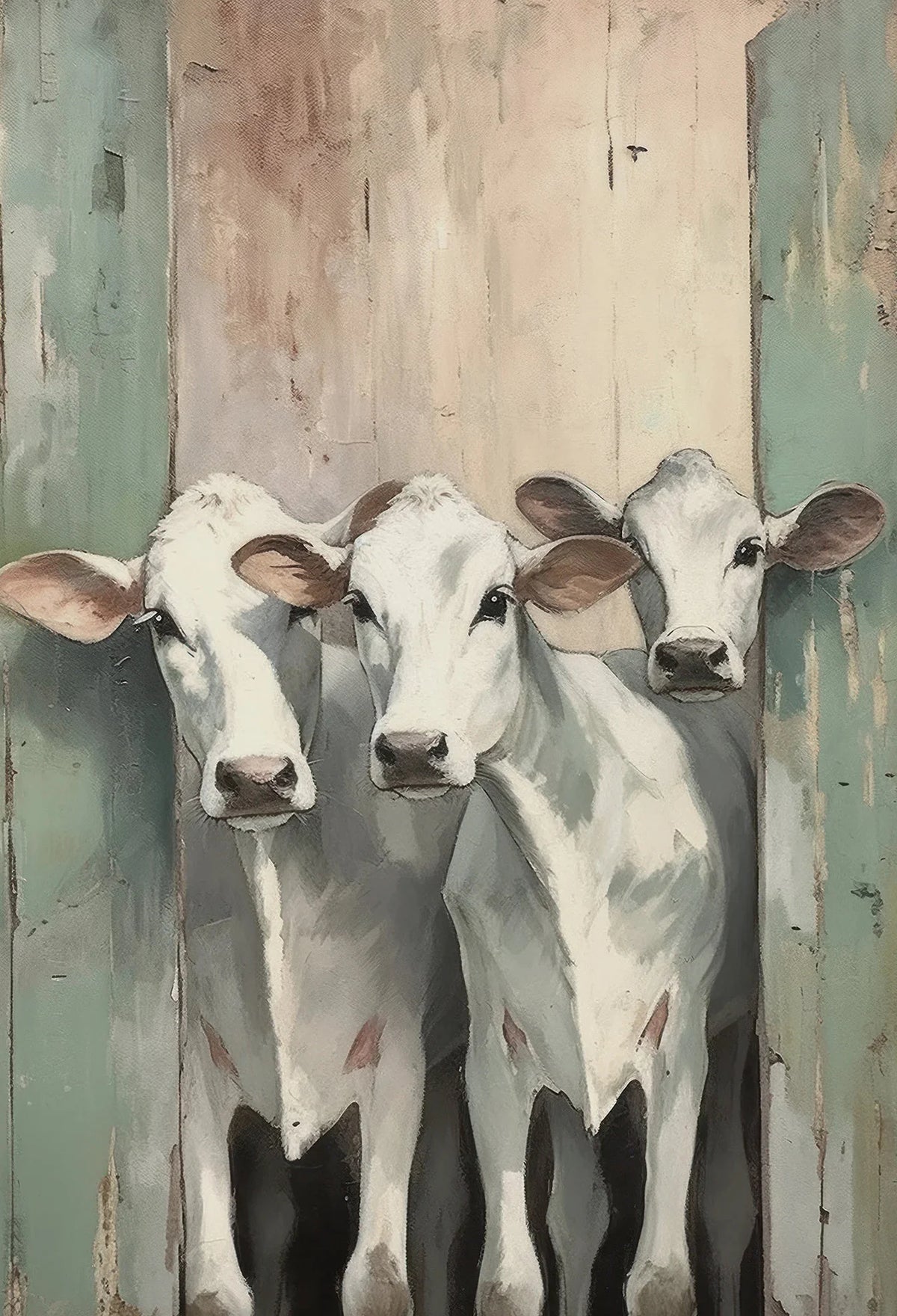 Two white Highland cows painted on a rustic wooden background.