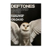 A black and white image of a dove with outstretched wings, featuring the text DEFTONES DIAMOND EYES.
