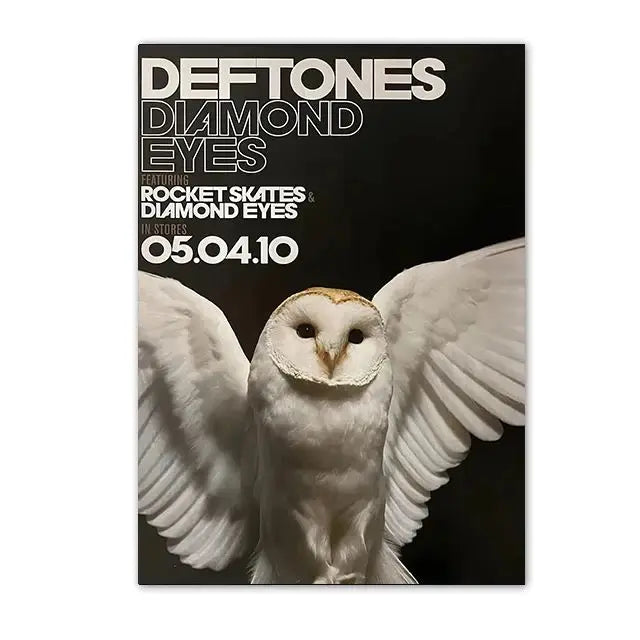 A black and white image of a dove with outstretched wings, featuring the text DEFTONES DIAMOND EYES.