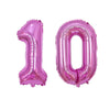 Two foil balloons shaped like the numbers 1 and 0 in rose gold color
