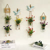 A collection of decorative glass terrariums featuring various indoor plants and blue bird sculptures hanging on a white wall.