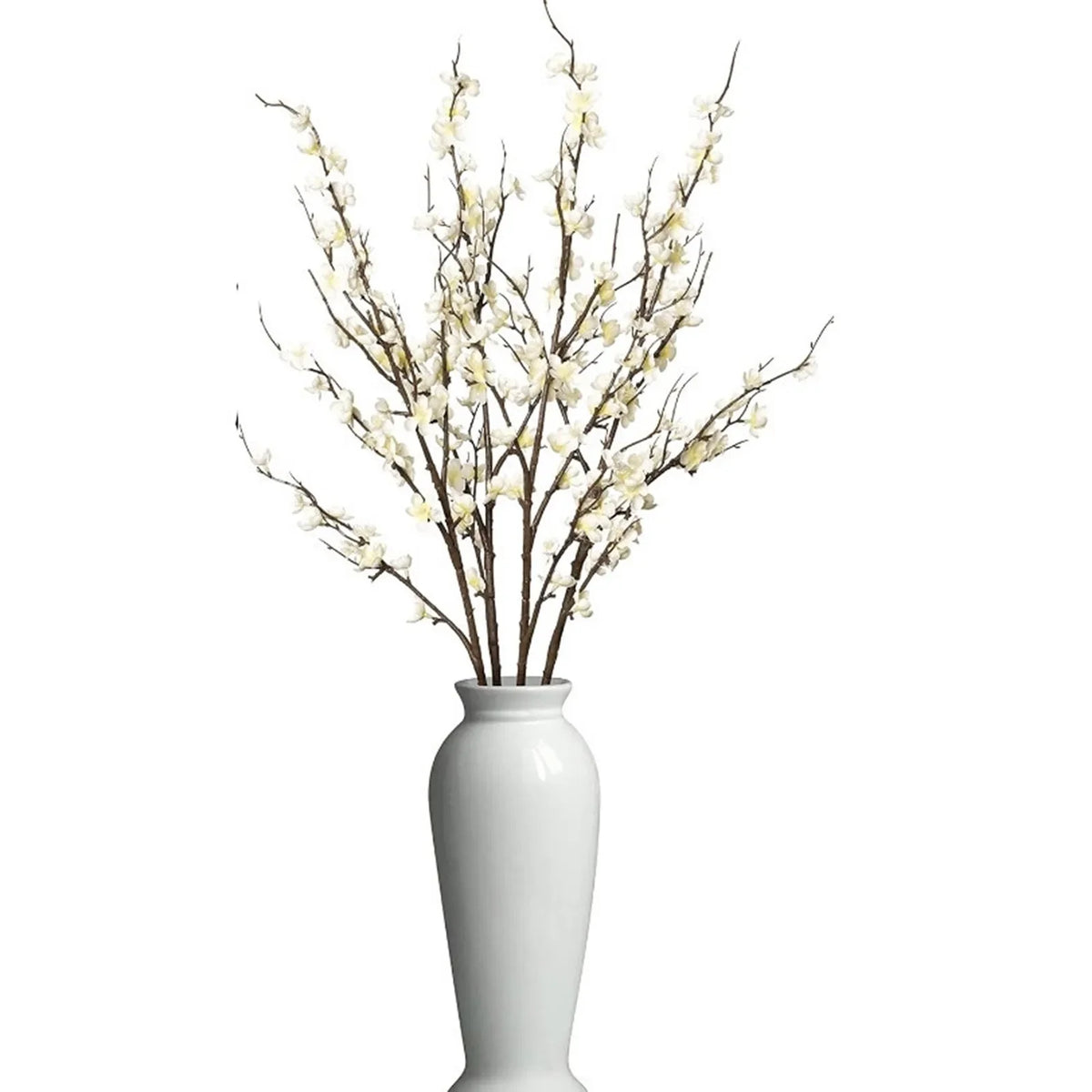 A branch of real touch faux plum blossoms with stems in a white vase.