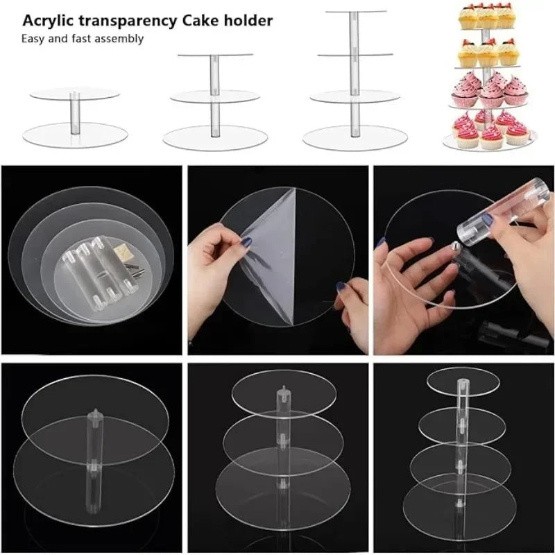 Clear acrylic three-tier cupcake holder with a vertical stand for elegant display.