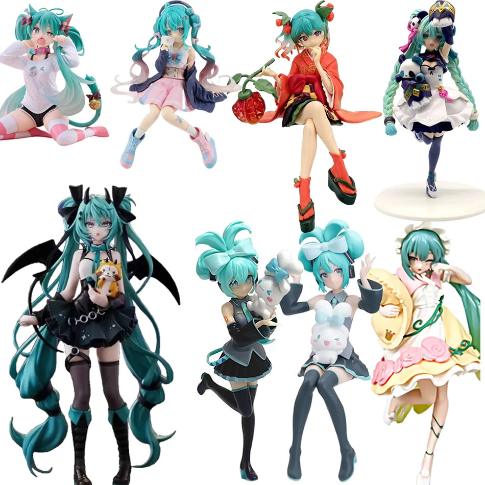 A collection of seven Gothic Lolita Miku action fairy dolls featuring various hair colors, outfits, and poses.