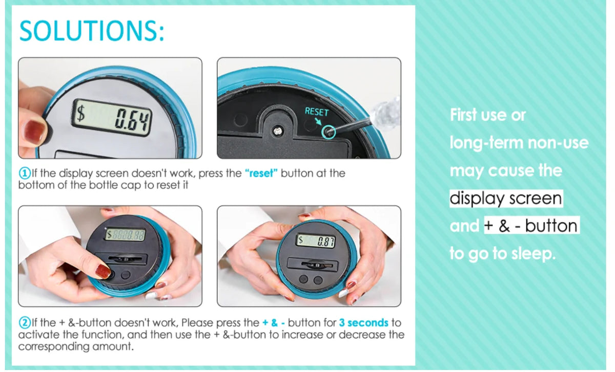 Instructions for using a transparent counting piggy bank, showing reset and plus/minus functions.
