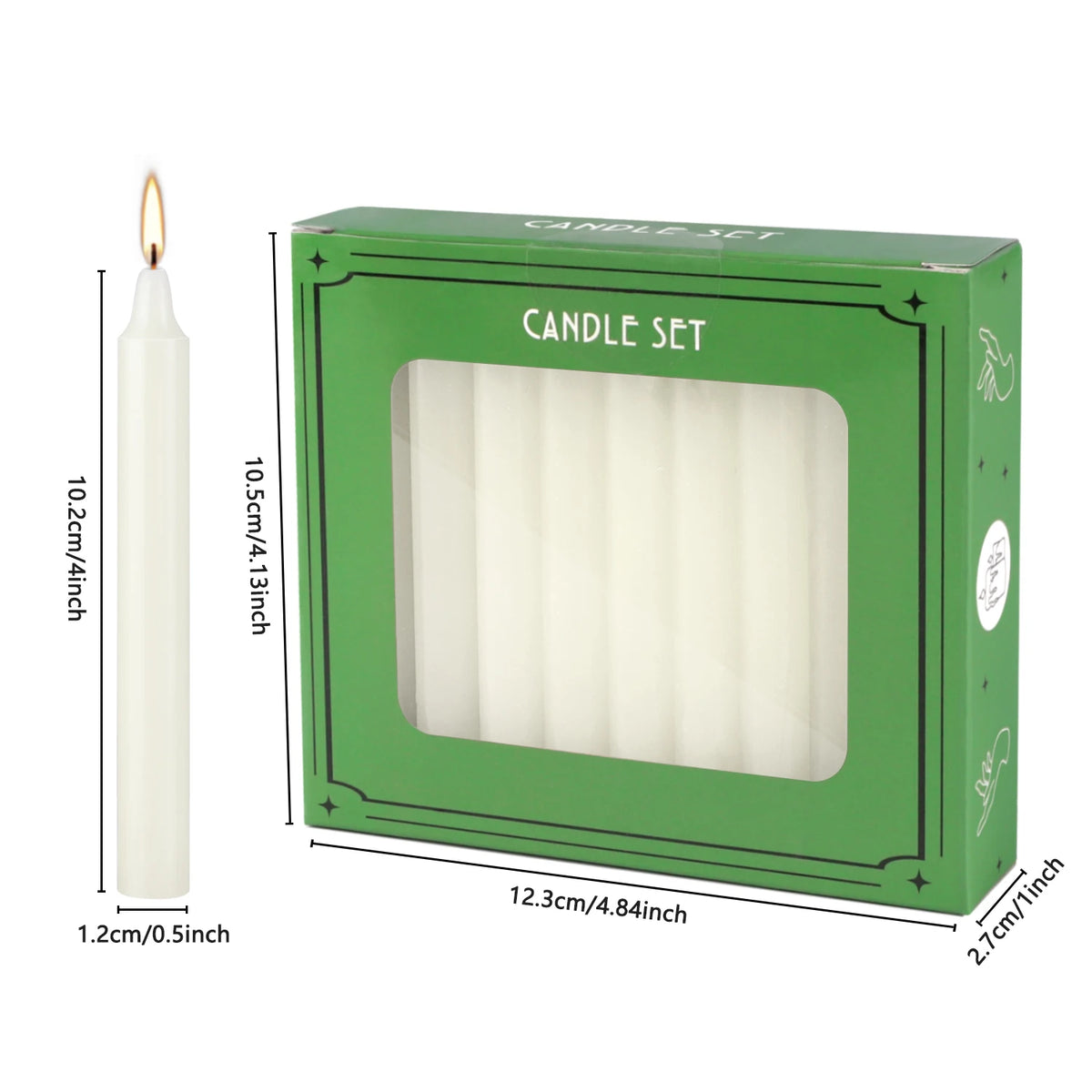 A green box containing a set of ivory white drip-free stick candles and one individual candle.