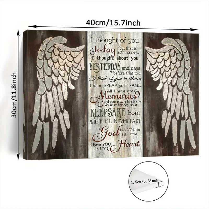 Wooden wall art featuring two feathered wings and inspirational text on a rustic wooden background