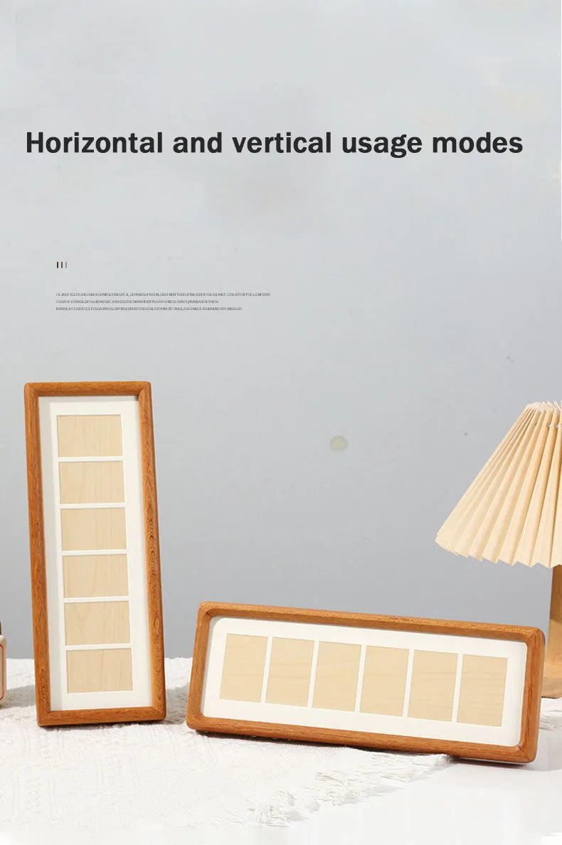 A horizontal solid wood photo frame display stand with six square compartments, shown on a white surface.