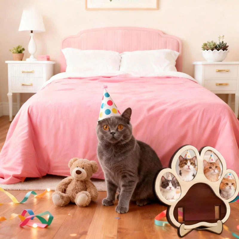 A gray cat sits on a wooden floor in front of a pink bed and a paw-shaped wooden photo frame for pet memorial.