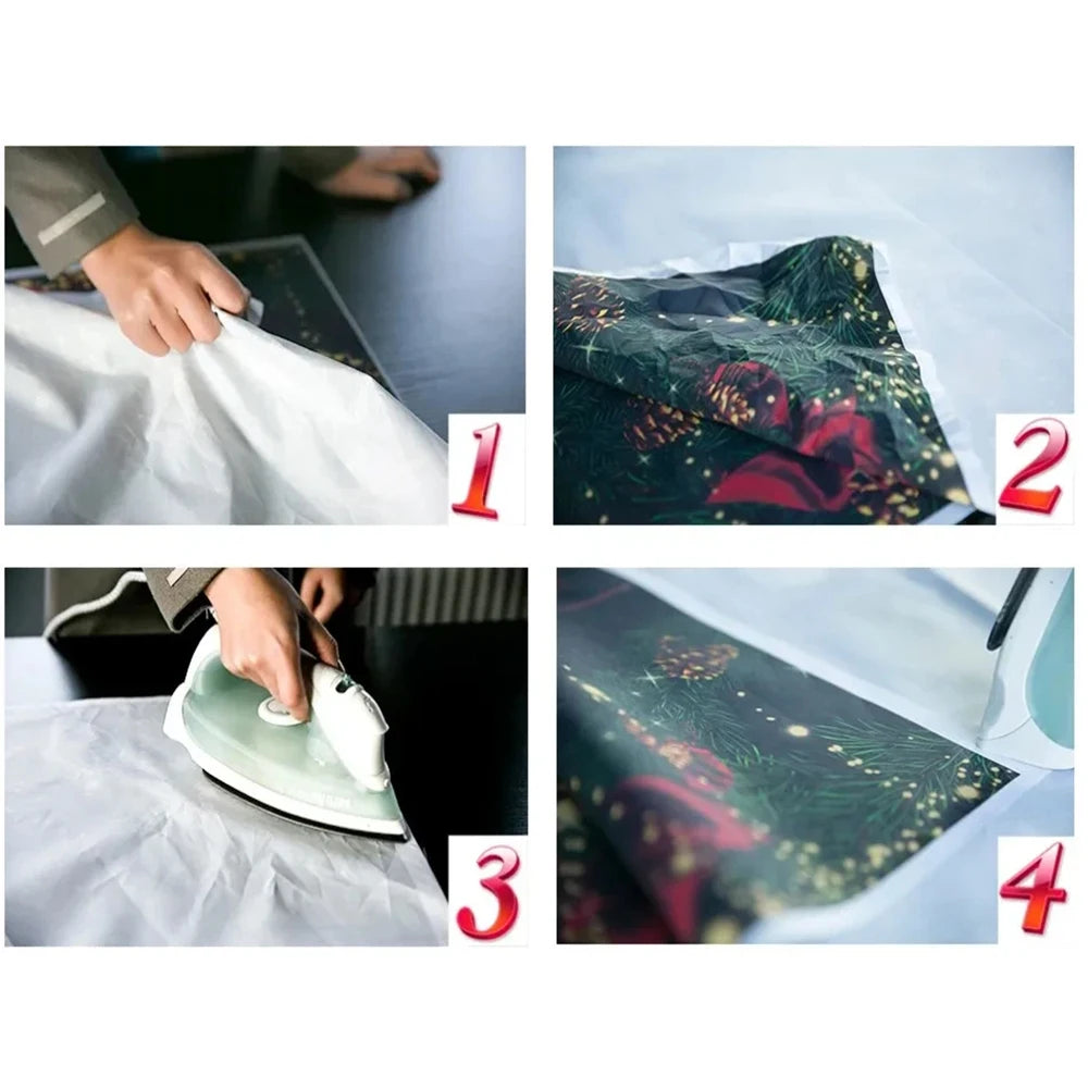 Four steps showing the process of creating a custom vinyl photo backdrop for birthday celebrations.