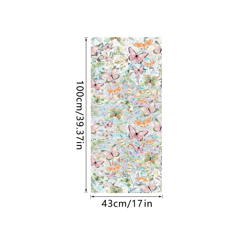 Botanical print static cling window film featuring colorful butterflies and floral elements.