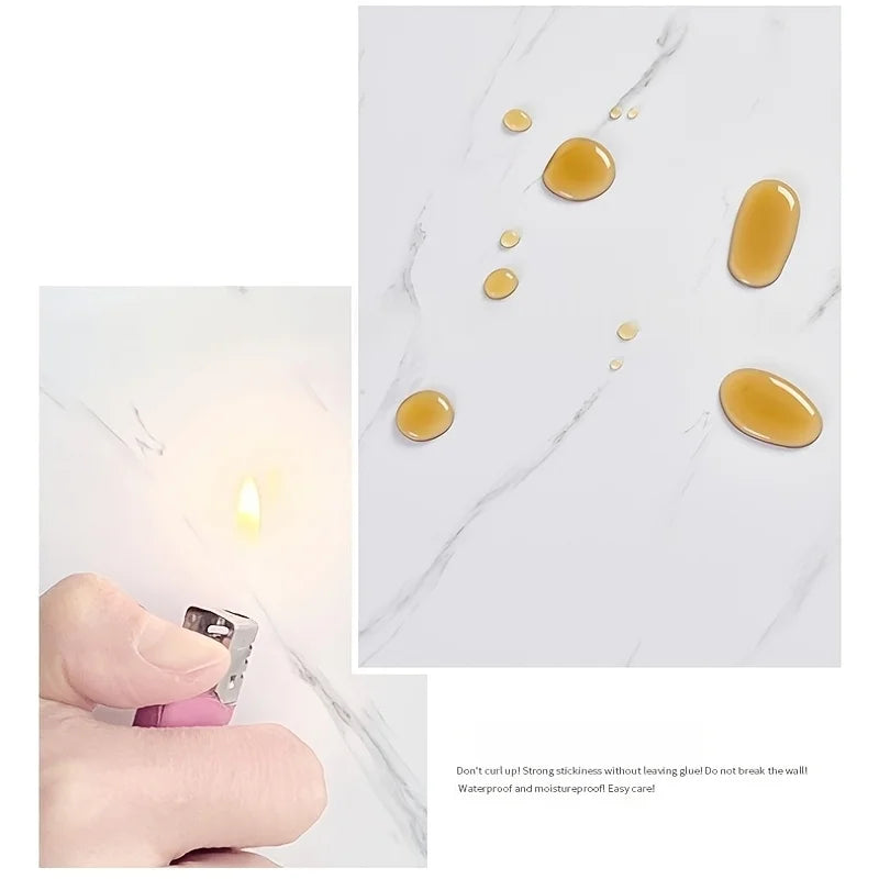 A set of ten glossy amber self-adhesive marble tile stickers placed on a white marble background.