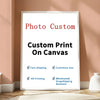 A framed sign advertising custom print on canvas services, highlighting fast shipping, customizable size, HD printing, and wh