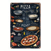 A dark metal sign decoration featuring various pizza ingredients and tools like bowls, spices, and a pizza slice.