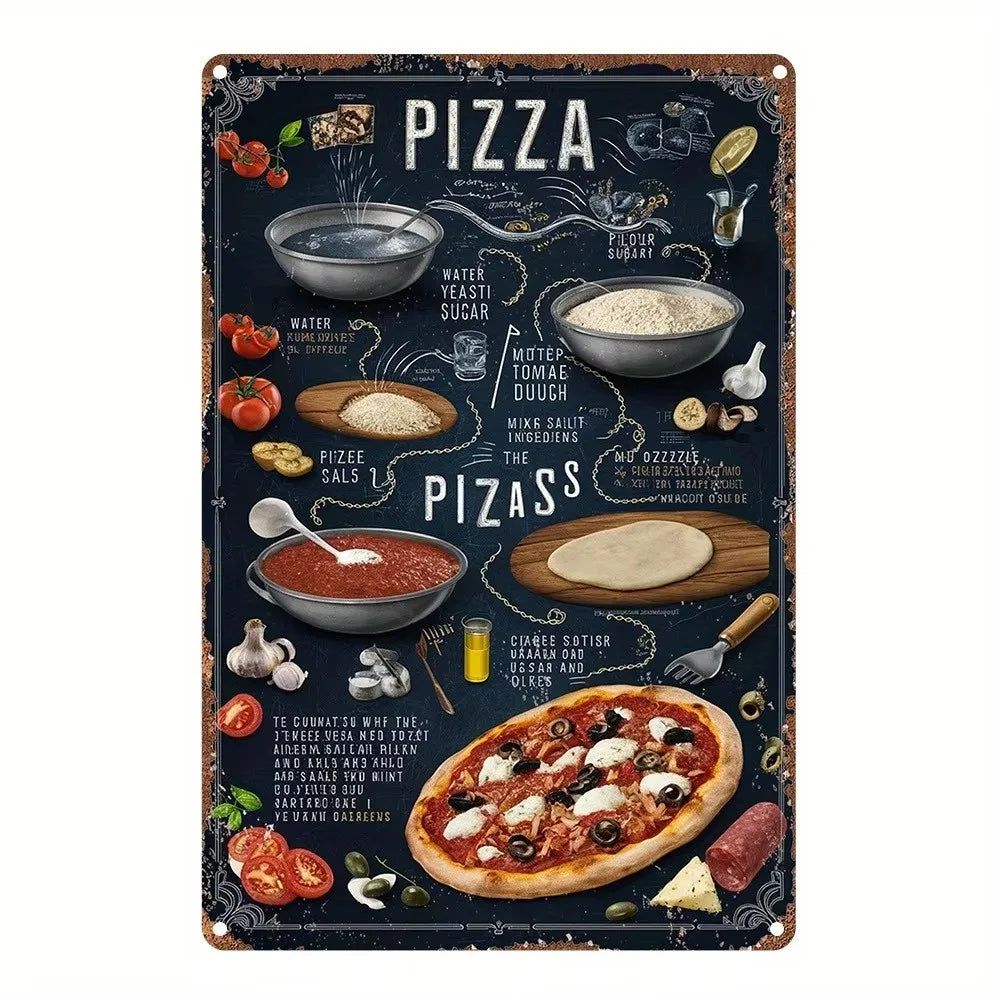 A dark metal sign decoration featuring various pizza ingredients and tools like bowls, spices, and a pizza slice.