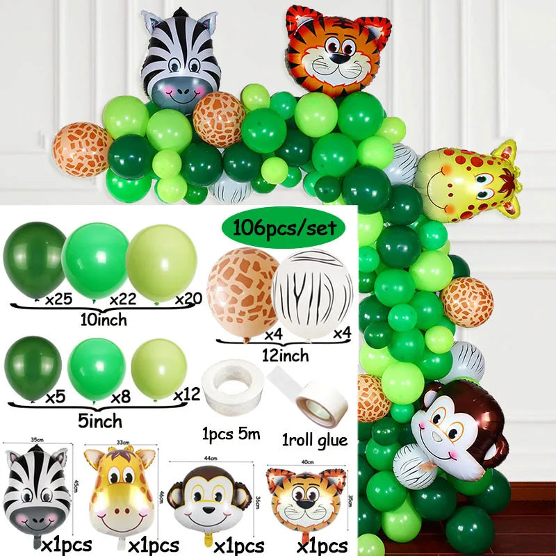 A set of safari jungle balloon garland arch kit featuring various animal shapes and green balloons.