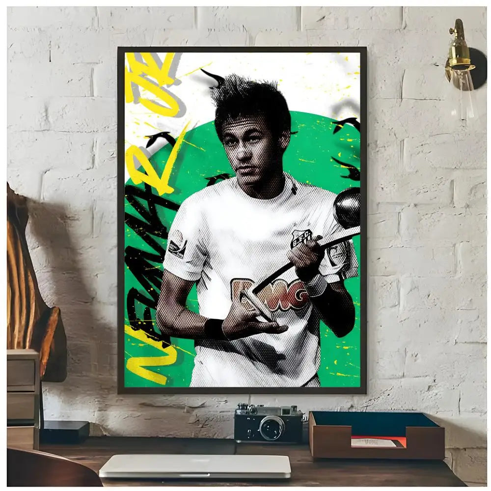 Wall art poster featuring a portrait of Neymar Jr in a white shirt against a vibrant green background.