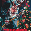 A dark, gritty movie poster featuring a menacing figure with a bloody face and beard holding an axe against a festive Christm