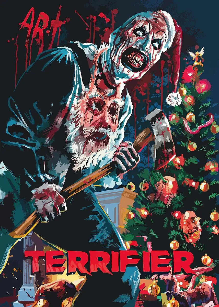 A dark, gritty movie poster featuring a menacing figure with a bloody face and beard holding an axe against a festive Christm