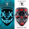 A close-up of a black EL mask with neon wire details, shown in both light and no light status.