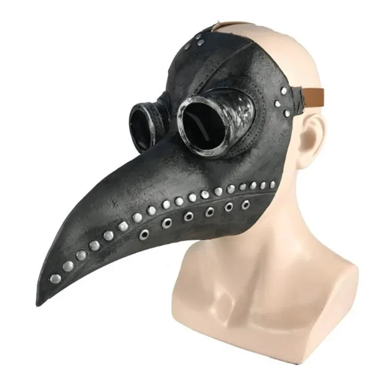 A realistic black animal mask with eyeholes and a snout is displayed on a light-colored mannequin head.