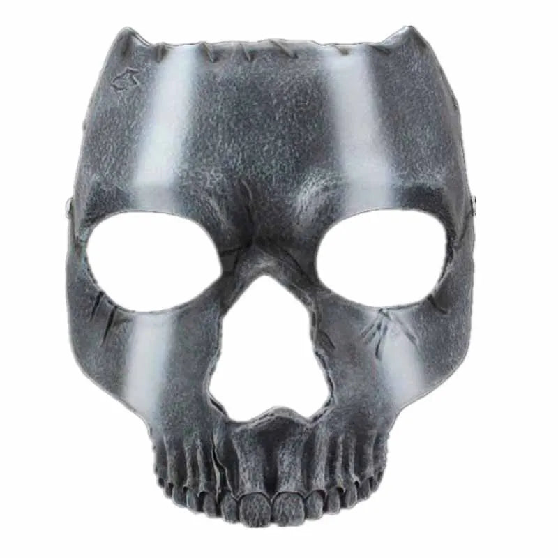 A gray resin full face mask shaped like a human skull and skeletal features for Halloween.