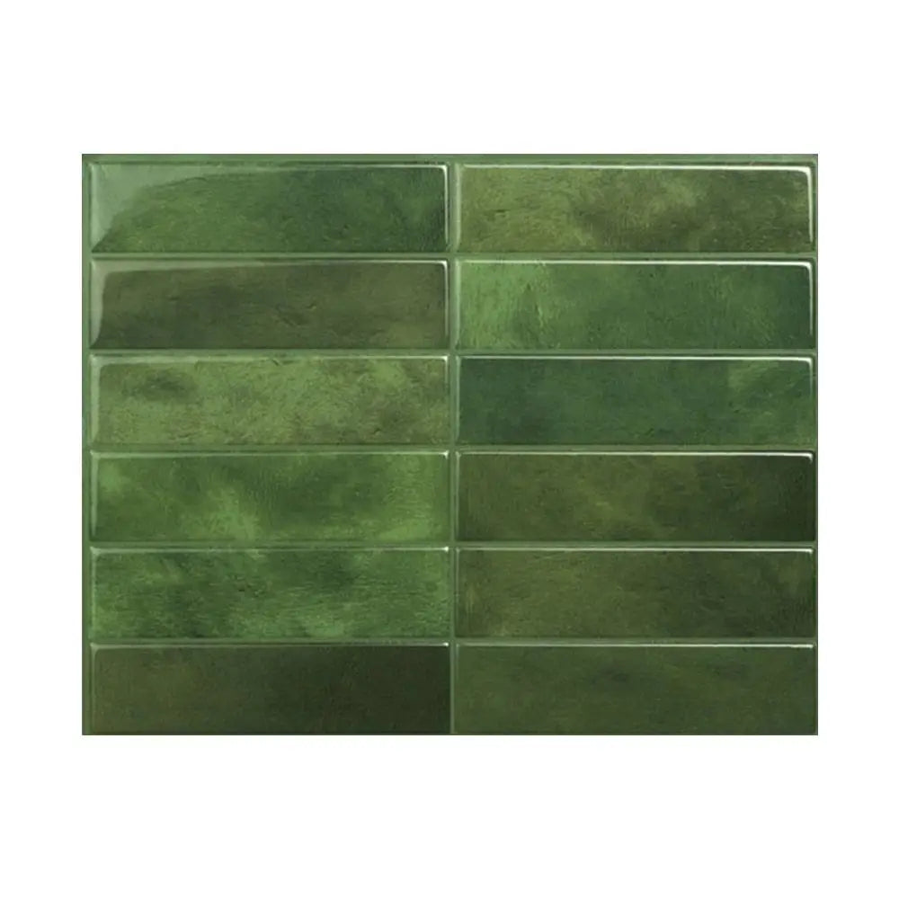 A rectangular panel of variegated olive green self-adhesive tile stickers for wall decoration.