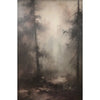 A moody, atmospheric painting depicting a foggy forest with tall trees and soft light.