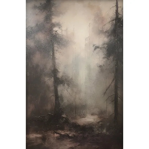 A moody, atmospheric painting depicting a foggy forest with tall trees and soft light.