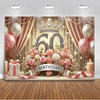 A luxurious 60th birthday balloon backdrop featuring gold, pink, and white decor with a crown motif.