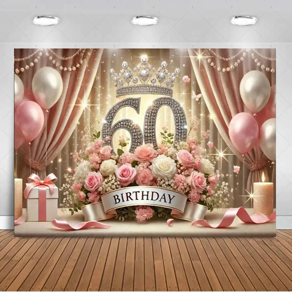 A luxurious 60th birthday balloon backdrop featuring gold, pink, and white decor with a crown motif.