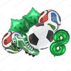 A set of six green and white soccer-themed balloons, including a ball and various shaped balloons.