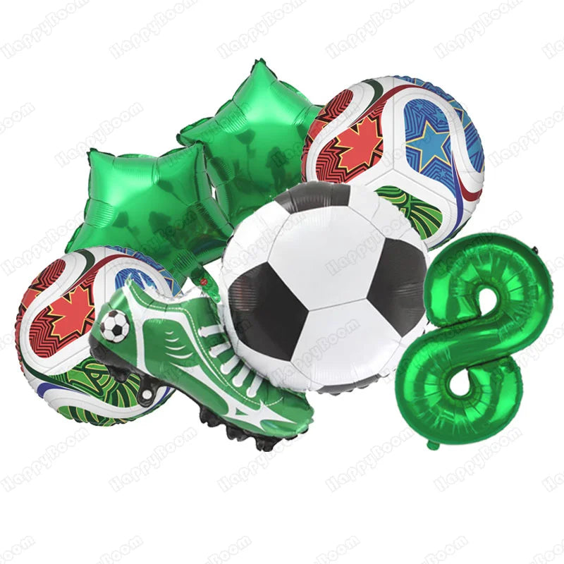 A set of six green and white soccer-themed balloons, including a ball and various shaped balloons.