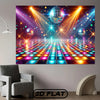 A vibrant disco dance floor backdrop banner featuring a reflective grid of colorful lights and glowing spheres.