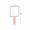A pink compact handheld makeup mirror with a rectangular face and an ergonomic handle.