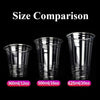 Size comparison of clear plastic cups with sip lids in 16 oz, 20 oz, and 20 oz sizes.