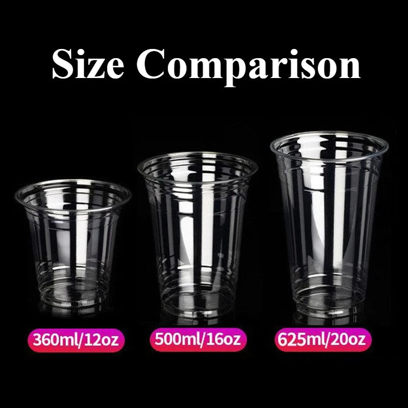Size comparison of clear plastic cups with sip lids in 16 oz, 20 oz, and 20 oz sizes.