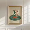 A framed canvas print depicting a couple dancing on a vinyl record, featuring green and gold tones.
