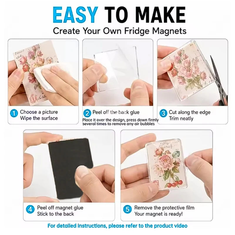 تعليمات لصنع مغناطيسات ثلاجة صور مخصصة باستخدام مجموعة أدوات DIY مع غراء وأدوات قص.